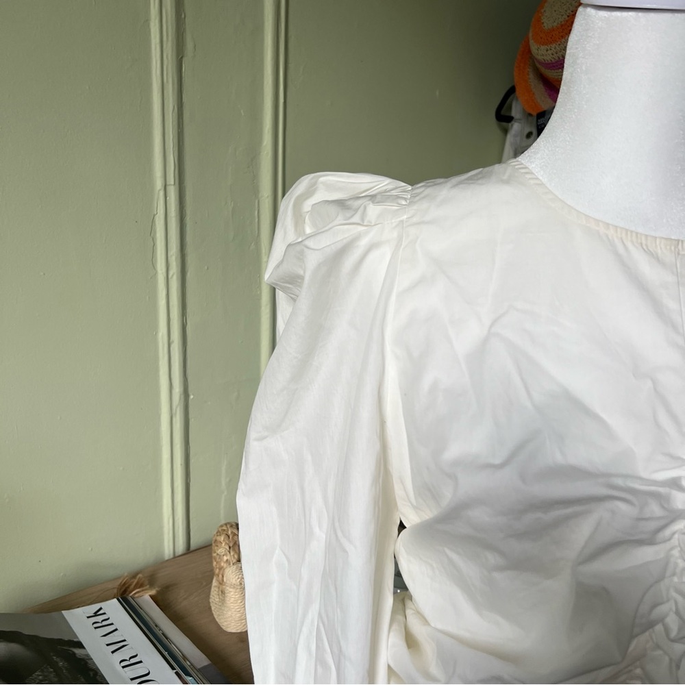 White Puff Long-Sleeve Ruched Detail Corset Modest Cute Blouse Shirt Top Sz M-L - Picture 5 of 15